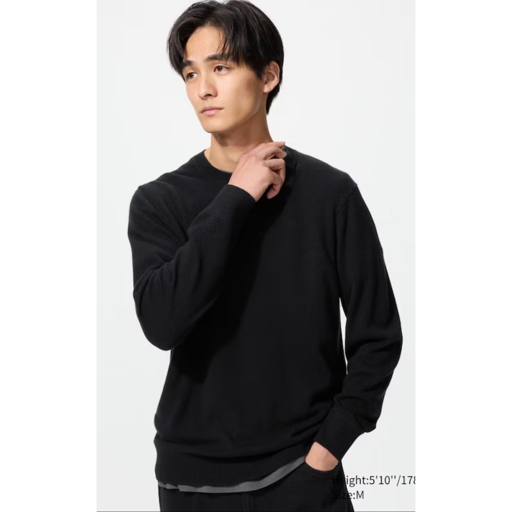 Uniqlo Men's 100% Cashmere Crew Neck Sweater Black Long Sleeve Classic Neutral